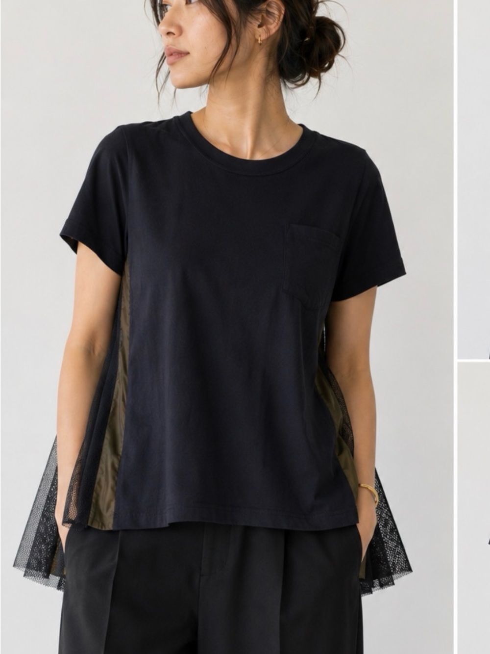 Sacai Black Cotton Tee Pleated Back Mesh Panel Short Sleeve Top Sz S